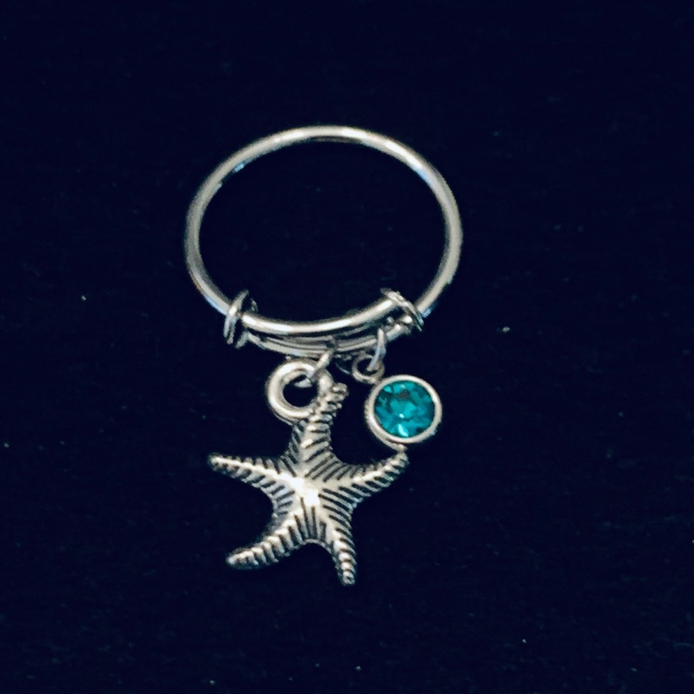 Starfish Shell charm dangle ring with birthstone/rhinestone charm